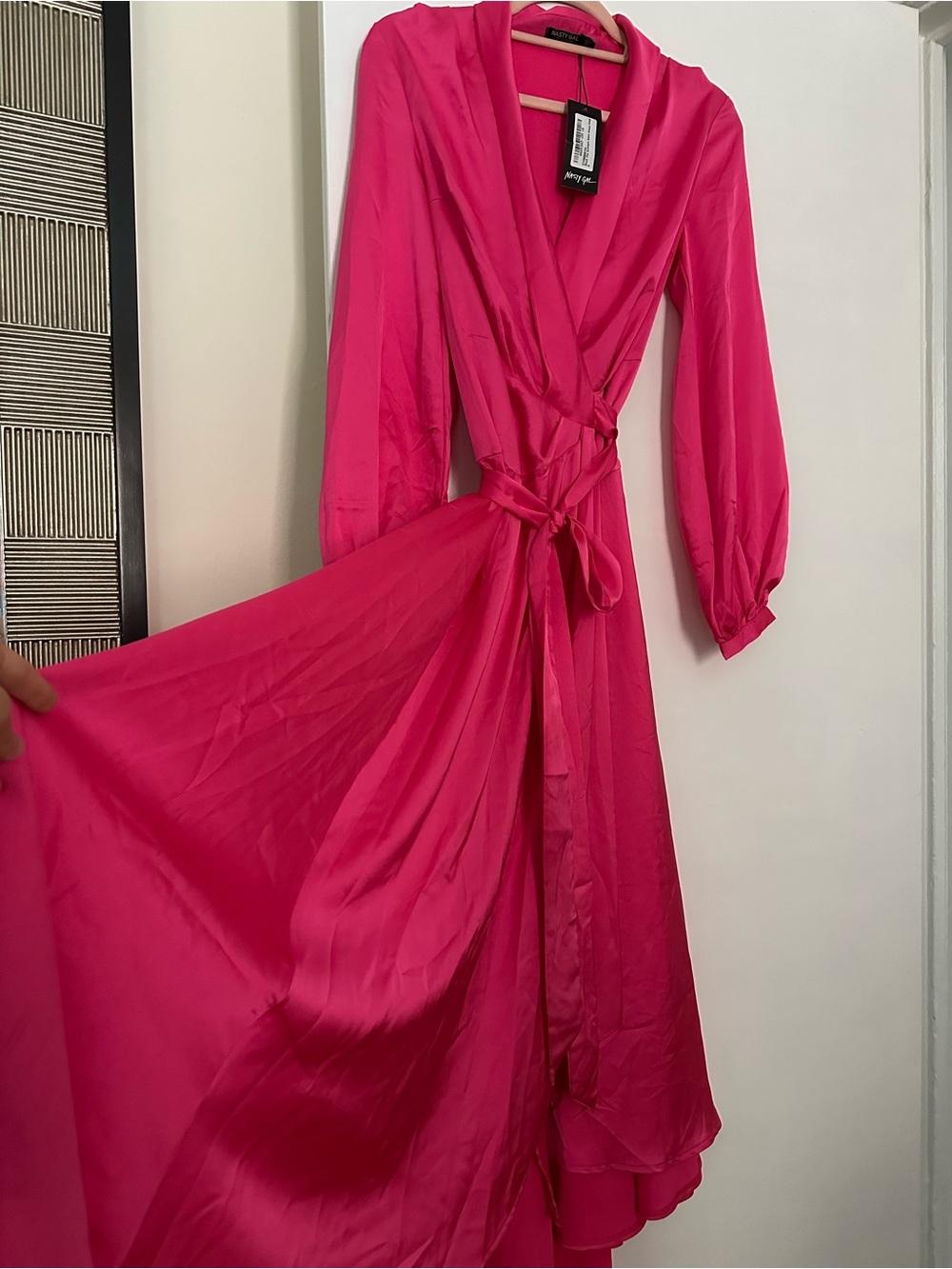 Nasty Gal Raspberry Pink Satin Wrap Maxi Dress with Tie Waist - Picture 3 of 5